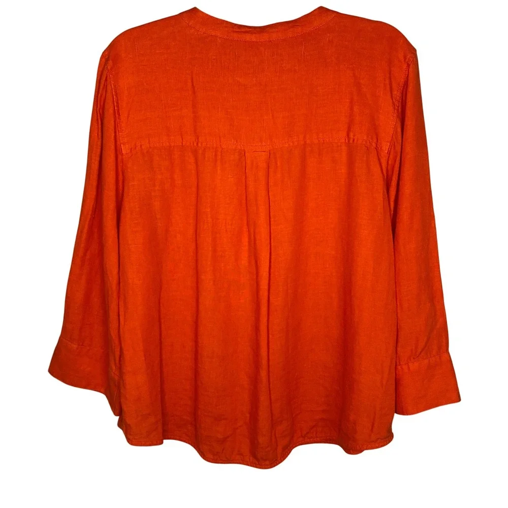 J.Crew Womens Orange 100% Linen Band Collar 3/4‎ Sleeve Tunic Blouse Medium
